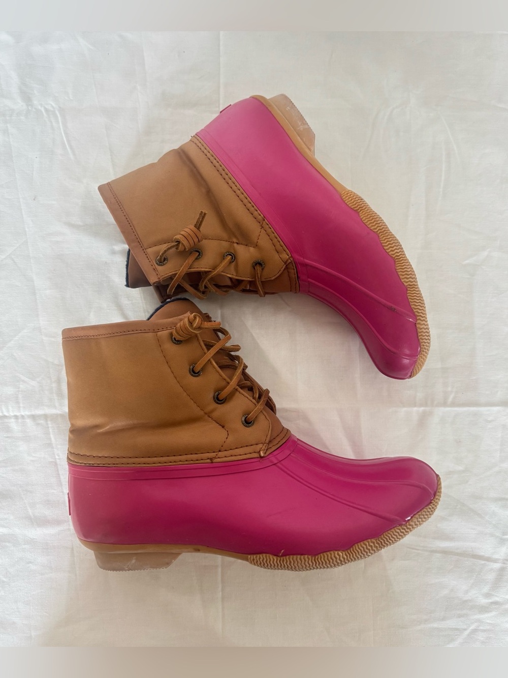 Sperry Pink Rubber & Tan Leather Duck Boots
